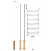 Kit Preparo Churrasco 4pcs Churrasqueira Espetos 55cm Grelha e Espalhador Brasa Madeira Mor