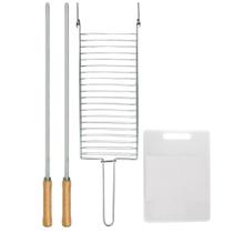 Kit Preparo Churrasco 4pcs Churrasqueira Grelha 2 Espeto Simples 65cm e Tabua de Corte