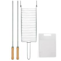 Kit Preparo Churrasco 4pcs Churrasqueira Grelha e Espeto 55cm Simples Tabua de Corte Mor