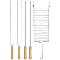 Kit Preparo Churrasco 5pcs Churrasqueira Grelha e Espetos 65cm Simples e Duplo Cabo Madeira Mor