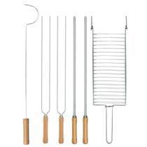 Kit Preparo Churrasco 6pcs Churrasqueira Espetos 55cm Simples e Duplo Cabo Madeira Mor