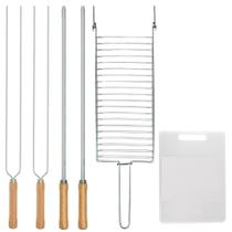 Kit Preparo Churrasco 6pcs Churrasqueira Grelha Espetos 65cm Simples e Duplo Tabua de Corte Kit Preparo Churrasco 6pcs Churrasqueira Grelha Espetos 65cm Simples e Duplo Tabua de Corte