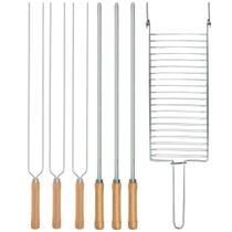 Kit Preparo Churrasco 7pcs Churrasqueira Grelha e Espetos 65cm Simples e Duplo Cabo Madeira Kit Preparo Churrasco 7pcs Churrasqueira Grelha e Espetos 65cm Simples e Duplo Cabo Madeira