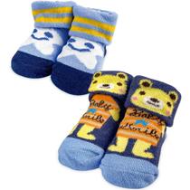 Kit Presente 2 Par de Meia de Bebê RN 0 a 6m Menino Infantil Urso Estrela Sorrindo Azul