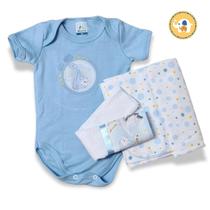 Kit Presente Bebe 3Pç Pano Boca Cueiro e Body Azul Menino