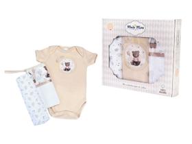 Kit Presente Bebe 3Pç Pano Boca Cueiro e Body M Bege Neutro 100% Algodão Com Estampas Digitais