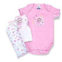 Kit Presente Bebe 3Pç Pano Boca Cueiro e Body Rosa Menina