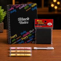 Kit Presente Black Notes Caderno Preto, Post-it Preto, Caneta Branca e Marcadores