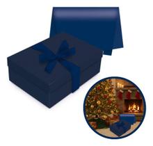 Kit Presente Caixa Média 35x25cm Azul Marinho Seda Fita Laço Azul-escuro