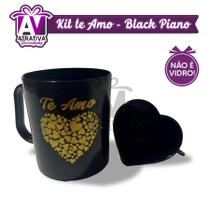 Kit Presente Dourado Te Amo 4 Canecas + 4 Xícaras Coração Preto/ Dourado 8 peças