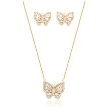 Kit Presente Feminino Conjunto Com Colar + Brincos Borboleta Cravejada Banhada Ouro 18k