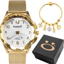 Kit Presente Feminino Relógio Dourado Resistente à Água Pulseira Estilo Pandora Banhada com Pingentes Kit Presente Feminino Relógio Dourado Resistente à Água Pulseira Estilo Pandora Banhada com Pingentes