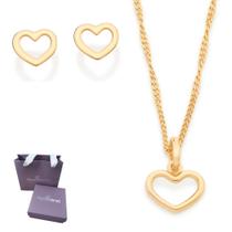 Kit Presente Feminino Rommanel Banhado A Ouro 18k Lindo Com Colar + Brincos E Pigente Coração Vazado
