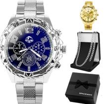 Kit Presente Masculino Relógio Analógico Aço Inox com Corrente Grumet Prata Caixa Exclusiva Estilo Casual Kit Presente Masculino Relógio Analógico Aço Inox com Corrente Grumet Prata Caixa Exclusiva Estilo Casual