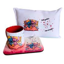Kit Presente Namorados Stitch Angel Caneca Almofada Suporte