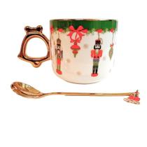 Kit Presente Natal Caneca Colher Quebra Nozes Borda Dourada