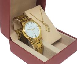 Kit Presente Relógio Feminino Skmei 3001 Dourado com Colar Original, Resistente a Agua e 1 Ano de Garantia