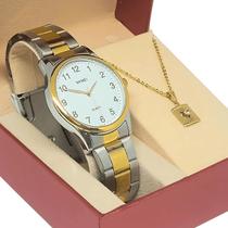 Kit Presente Relógio Feminino Skmei Analógico 3001 Prata e Dourado Resistente à Água, Com Colar e Garantia de 12 Meses