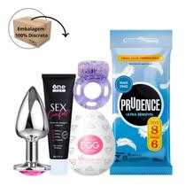 Kit Preservativo Prudence Ultra Sensivel + Anel Vibrador + Sex Comfort Lubrificante + Egg Masturbador + Plug Anal P