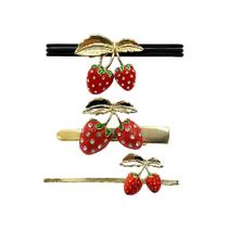 Kit Presilha Bico Pato + Grampo + Elástico Cabelo Morango Ou Cereja