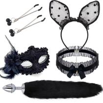 KIT Preto Plug c/ Cauda, Mascara, Prendedor, Tiara e Coleira