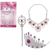 Kit princesa coroa varinha e colar prata com pedras para festa a fantasia brincadeira