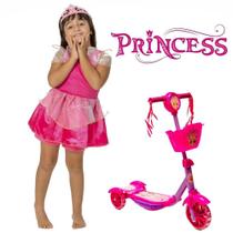 Kit Princesa Patinete de Cestinha 3 Rodinhas Gira o Guidão