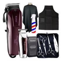 Kit Prof. Kemei Tesoura Máquina Cortar Cabelo P/ Barbeiro Barbearia Acabamento e Shaver Barbeador Kit Iniciantes Kit Barbear Essencial, Maquininha