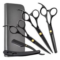 Kit Profissional de Corte 6 Peças Tesouras + Navalha com Estojo Barbeiro ou Cabeleireiro