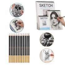 Kit Profissional de Desenho com 12 Lápis Grafite Graduados F8B e Sketchbook 160g para Ilustração Esboço - Kit Profissional de Desenho com 12 Lápis Grafite Graduados F8B e Sketchbook 160g para Ilustração Esboço -