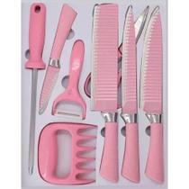 Kit Profissional Facas Cozinha Churrasco Rosa Linha Premium - Evryealth