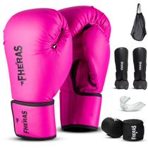 Kit Profissional Fheras Luva Tradicional Bandagem Bucal e Caneleira Boxe Muay Thai Luta Cor:RosaTamanho:14 Oz