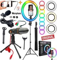 Kit Profissional Hing Light Grande Rgb Suporte Celular Microfone de Mesa + Lapela Tripé 2 Metros Makeup Selfie Completo