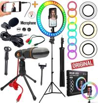 Kit Profissional Hing Light Grande Rgb Suporte Celular Microfone De Mesa + Lapela Tripé 2 Metros Makeup Selfie Completo