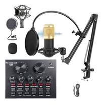 Kit Profissional Lives e Podcast - Microfone Condensador + Mesa Interface de Áudio V8 - Dourado