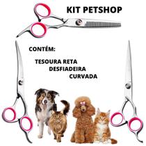 Kit Profissional Petshop 3 Tesouras Desfiadeira Reta Curvada - Daomo