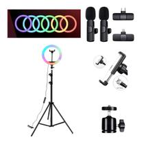 Kit Profissional Ring Light RGB Tripé microfone Lapela Vlog YouTube Influencer Ao Vivo Maquiagem