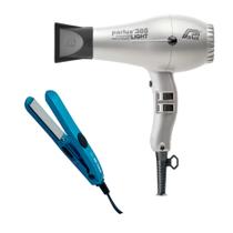 KIT PROFISSIONAL SECADOR PARLUX 385 POWER LIGHT PRATA 2150W 220V + PRANCHA MINI TITANIUM BLUE 204ºC