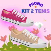 Kit promocional 2 tênis infantil meninas com glitter brilhante