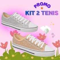 Kit promocional 2 tênis infantil meninas com glitter brilhante