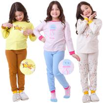 Kit Pronto 6 Peças Pijama Comprido Infantil Menina 3 Camisas 3 Calças 1 a 10 anos