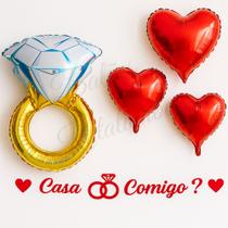 Kit Proposta Casamento, Anel Balão Gigante, Coração Metalizado, Faixa Glitter Casa Comigo, Decoração Romântica