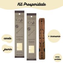 Kit Prosperidade - 2 Incensos Naturais com Oleos Essenciais Canela e Jasmin + Incensario de Madeira