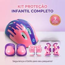 Kit Proteção Infantil Capacete Cotoveleira Joelheira Para Patins Skate Bicicleta 7 Peças Cor Rosa e Lilás Kit Proteção Infantil Capacete Cotoveleira Joelheira Para Patins Skate Bicicleta 7 Peças Cor Rosa e Lilás