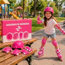 Kit Proteção Infantil Capacete Cotoveleira Joelheira Para Patins Skate Bicicleta 7 Peças Cor Rosa Kit Proteção Infantil Capacete Cotoveleira Joelheira Para Patins Skate Bicicleta 7 Peças Cor Rosa