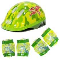 Kit Proteção Infantil Dinossauros Capacete (52-56cm) com Joelheira e Cotoveleira Verde Kit Proteção Infantil Dinossauros Capacete (52-56cm) com Joelheira e Cotoveleira Verde