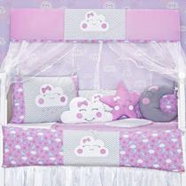 Kit Protetor Berço 8 Peças Menina Rosa Nuvem Estrela Lua