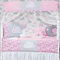 Kit Protetor Berço 8 Peças Menina Rosa Nuvem Estrela Lua