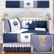 Kit Protetor Berço + Almofada Amamentação Coroinha 2 Laterais Padrão Azul Marinho Menino 12 peças