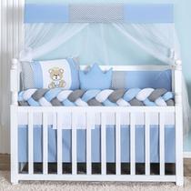 Kit Protetor Berço Americano Trança 11 Peças Para Bebê Menino Rei Urso Realeza Azul